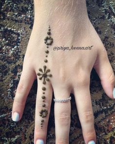 a woman's hand with green and white designs on her left hand, which is decorated