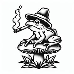 American Traditional Frog Tattoo Black, American Traditional Mushroom, Frogs With Hats Tattoo, Traditional Mushroom Tattoo, Mushroom Frog Tattoo, Frog And Toadstool Tattoo, Frog With Mushroom Tattoo, Frog Mushroom Tattoo, Traditional Frog Tattoo