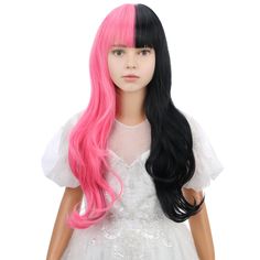 PRICES MAY VARY. 1.Color:Black and Pink.(Tip: Slightly color difference between different monitors). 2.Length:56cm/ 22inches. (Tip:Measured From "Crown to End"). 3.Hair Material:Heat-resistant synthetic fiber, restyle the wig below 130 degree centigrade. Density-150%, very close to your own hair, super soft and comfortable. 4.Adjustable Cap:Average size-20inches, the size could be adjusted to 19"-21".Two adjustment straps inside the wig, which can be intertwined to a fixed position to fit most h Mid Long Hair, Pink Wig With Bangs, Foam Wigs, Hime Gyaru, Pink Wig, Wig With Bangs, Black Wig, Curly Wig, Hair Cream