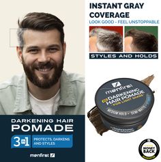 Every men's best friend to hide all your grays instantly! Menfirst Darkening Hair Pomade is a black pigmented styling paste that instantly & temporarily darkens white and gray hair. In addition, dark or black hair looks more intense. The wax-like paste controls rebellious and frizzy hair and provides a medium hold. Promotes semi-dry and natural looking finish. Infused with vitamin E, which has antioxidant properties. Black Hair Looks, White And Gray Hair, Mens Pomade, Gray Coverage, Black Pigment, Hair Pomade, Frizzy Hair, Cover Gray, Gray Hair