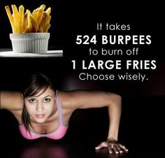 there is a woman that is doing exercises with her hands on the table and french fries in front of her