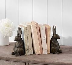 two rabbits sitting next to each other on top of a wooden table with books in front of them