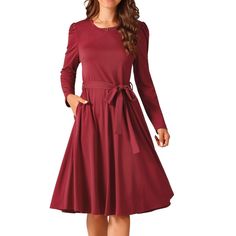 Seta T women's puff long sleeve crewneck knee length tie waist casual dress with pockets. Fashion style includes puff long sleeve, round neck, high waist, knee length, two pockets, and belted elegant dress. This dress will flatter any body shape, making it a timeless addition to any wardrobe. Suit for various occasions such as important events, parties, weddings, birthdays, cocktails, shopping, dating, weekend gatherings, beach outings, holidays, or any casual or special occasions. The chic and Linen Slip Dress, Pockets Fashion, T Dress, Womens Knit Dresses, Ballet Dress, Puff Long Sleeves, Denim Shirt Dress, Casual Spring, Knitting Women