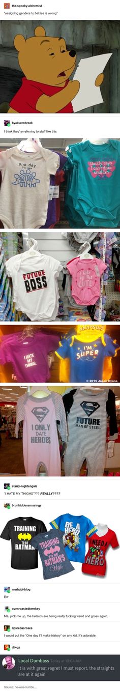 several different shirts are on display for sale in the store, including winnie the pooh