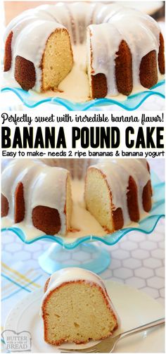 a bundt cake with white icing on a blue platter and the words, perfectly baked with individual banana flavor