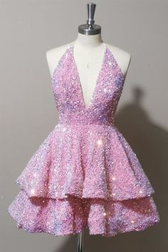 Pink Tiered Sequin Short Homecoming Dress Pink Grad Dresses Short, Pink Dress Short Party, Cute 8th Grade Dance Dresses, Pink Sweet 16 Dresses Short, Preppy Birthday Decorations, Pink Sequence Dress, Light Pink Short Dress, Homecoming Looks, Filipino Debut