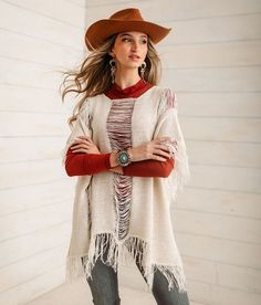 Sterling & Stitch Fringe Poncho Sweater - One Size - Cream , Women's Cream Destructed open weave sweater Bust measures 58 Body length 25 One size fits most. 72% Cotton 28% Polyester. Machine wash cold with like colors gentle cycle. Only non-chlorine bleach when needed. Lay flat to dry. Cool iron if necessary.. Measurements: Bust -Fullest part of bust with arms at sides. Waist -Circumference of natural waist: above belly button below rib cage. Hips -Standing with feet together fullest part of hip Country Western Fashion, Open Weave Sweater, Fringe Poncho, Fringed Poncho, Waist Circumference, Poncho Sweater, Women's Sweaters, Open Weave, Country Western