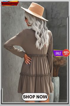 Bestdealfriday Gray Long Sleeve Ruffled Solid Swing Mini Dress P1482689 Grey Long Sleeve Mini Dress, Autumn Sleeve, Dress Comfortable, Tiered Ruffle Dress, Ruffle Mini Dress, Gray Long Sleeve, Loungewear Sets, Long Sleeve Mini, Move In