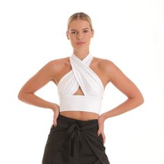 Versatile V-neck Crop Top, Elegant Multi-way Halter Top, Fitted Crop Top For Summer Evenings, Stretch Foldover Top For Party, Chic Fitted Multi-way Halter Top, Elegant Summer Crop Halter Top, Elegant Halter Crop Top For Summer, Elegant Summer Halter Crop Top, Spring Party Multi-way Top