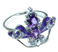 Handmade Unique 925 Sterling Silver ring with unique one of a kind Amethyst, White Topaz,  4.60 grams of marvelous handcrafted jewelry design. Only one piece availble ready to ship! It's unique worldwide ring - simply piece of art in world of fine jewelry. Sweet Heart Purple AMETHYST .925 Silver handcrafted  Ring s. 9  RING DETAILS: Weight: 4.60g; Size: 9; Material: Sterling Silver; Main stone: Amethyst, White Topaz; Dimension: L- 3/4, W - 7/8, T- 3/8 inch; Stamp / Mark: 925; Condition: New; Mai Luxury Purple Crystal Ring Fine Jewelry, Unique Multi-stone Amethyst Ring For Gift, Unique Hallmarked Sterling Silver Amethyst Ring, Unique Hallmarked Amethyst Ring In Sterling Silver, Unique Purple Amethyst Ring Gift, Unique Hallmarked Amethyst Ring For Gift, Sterling Silver Butterfly Ring With Gemstone For Gift, Rings Purple, Heart Purple