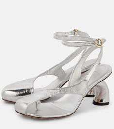 Metallic leather sandals in silver - Dries Van Noten | Mytheresa Dries Van Noten Shoes, Latest Sandal, Adjustable Sandals, Leather Heels Sandals, Brown Sandals, Dries Van Noten, Slingback Sandal, Metallic Leather, High Heel Sandals