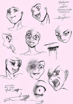 some drawings of different facial expressions and gestures for the character's head, neck and shoulders