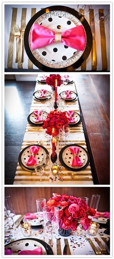 the table is decorated with red flowers and plates