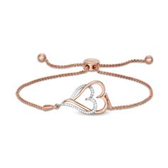 With double the love, this diamond heart bolo bracelet suits your romantic style. Created in sterling silver with 14K rose gold plate, this look features entwined sideways heart-shaped outlines - one polished, the other lined with sparkling diamonds. Captivating with 1/10 ct. t.w. of diamonds and a bright polished shine, this wheat chain bracelet adjusts up to 9.5 inches in length and secures with a bolo clasp and ball ends. Valentine's Day Rose Gold Diamond Bracelet, Rose Gold Diamond Heart Bracelet In Fine Jewelry Style, Rose Gold Diamond Heart Bracelet Fine Jewelry, Formal Rose Gold Heart Bracelet, Adjustable Diamond Heart Bracelet For Valentine's Day, Rose Gold Heart-shaped Bracelet For Anniversary, Rose Gold Heart-shaped Diamond Bracelet, Valentine's Day Adjustable Diamond Heart Bracelet, Elegant Rose Gold Heart Cut Bracelet