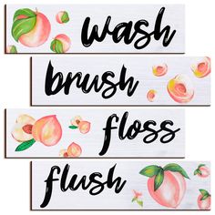 PRICES MAY VARY. What you receive: package will contain a set of 4 pieces floss flush wash brush signs with the peach theme for bathroom decor, each plaque is printed with a different word, and measures approx. 11.8 x 3.5 x 0.2 inch, proper in size and complete in style, can add charms to your bathroom and wall, place you in an artistic place Reusable and long lasting: these peach wall decors are obtained from wood material with clear printing, safe and reliable while not easy to fade, also hard Signs For Laundry Room, Rustic Bathroom Signs, Peach Decor, Bathroom Rustic, Bathroom Wall Decor Art, Peach Walls, Decor For Bathroom, Wooden Wall Signs