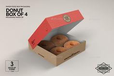 an open box of donuts on a white background with the words donut box of 4