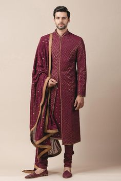 Wine front-open sherwani with all-over mukaish work. Comes with embroidered kurta, stole, unstitched jutti fabric and churidar.  Component: 5 Embroidered Neckline: Mandarin Collar Sleeve Length: Full Fabric: Georgette, Poplin Lycra Color: Maroon Concealed front placket Lace trims  - Aza Fashions Brocade Lehenga, Embroidered Sherwani, Raw Silk Lehenga, Kurta Set For Men, Maroon Wedding, Indian Groom, Tarun Tahiliani