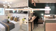 small bedroom ideas for teen girls with black and white bedding, green accent wall