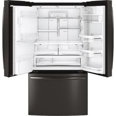 an open refrigerator with its door wide open and it's contents in black color