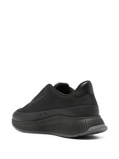 HUGO Ttnm Evo Runn logo-embroidered Sneakers - Farfetch Low-top Slip-on Sneakers For Jogging With Textured Sole, Low-top Slip-on Sneakers For Running With Textured Sole, Leather Slip-on Running Sneakers, Modern Low-top Nylon Sneakers, Functional Leather Sneakers With Rubber Waffle Outsoles, Black Synthetic Slip-on Sneakers With Branded Insole, Textile Sneakers With Textured Sole For Jogging, Synthetic Sneakers With Embossed Logo For Sports, High-top Running Sneakers With Textured Sole