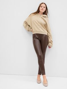 Vegan-Leather Ponte Leggings | Gap Factory Chic Gap Bottoms For Fall, Brown Leather Leggings For Fall, Casual Beige Leather Pants For Fall, Stone Leggings, Styling Leather Leggings, Women Leggings Outfits, Hot Pink Leggings, Leather Leggings Outfit, Pleather Pants