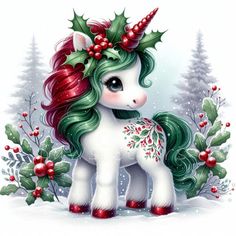 a christmas unicorn with holly wreaths on it's head standing in the snow