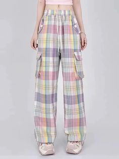 Cute Y2K Baggy Cargo Pants – Pastel Kitten Plaid Cotton Pants For Streetwear, Casual Plaid Bottoms With Pockets, Casual Plaid Wide Leg Pants, Multicolor Cotton Wide Leg Pants With Pockets, Casual Wide-leg Plaid Pants, Casual Plaid Wide-leg Pants, Casual Plaid Wide-leg Bottoms, Spring Plaid Pants With Pockets, Baggy Plaid Wide Leg Pants