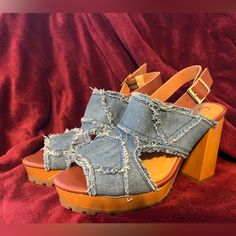 So Cute! Denim Heels. Sz 10 Denim Platform Heels With Open Toe, Blue Denim Open Heel Heels, Denim Blue Platform Heels With Round Toe, Spring Denim Platform Heels, Casual Denim Blue Heels With Round Toe, Denim Platform High Heels, Denim Blue Open Heel Denim Heels, Denim Blue Open Heel Shoes, Denim Blue Open Heel Heels