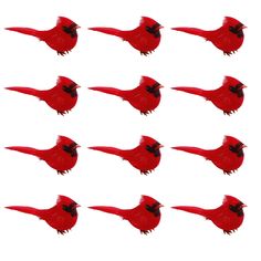 six red birds with black beaks are shown in the same pattern as each other