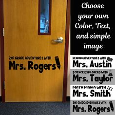 a door with the words mrs roger's written on it and an image of a pencil