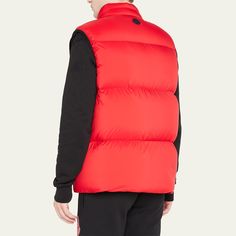 Moncler "Amak" quilted puffer vest Approx. length: 30" (size 7) Stand collar; two-way zip closure Tonal logo lettering down front Side zip pockets Sleeveless Casual Nylon self and lining Fill: Down/feather Hand wash; Do not bleach; Do not tumble dry; Ironing maximum temperature 110°C - without steam; Do not dry clean; Do not professionally wet clean; Flat dry in the shade; Do not twist or wring; Do not iron decorations; do not soak; It is advisable to wash and iron the garment on reverse ... Quilted Puffer Vest, Down Feather, Iron Decor, Puffer Vest, Stand Collar, Side Zip, Steam, Zip Pockets, Puffer