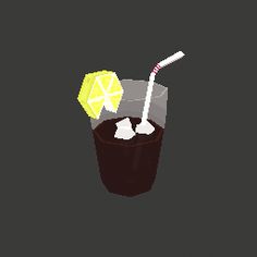 a drink with ice and a slice of lemon on the rim is shown in pixel style