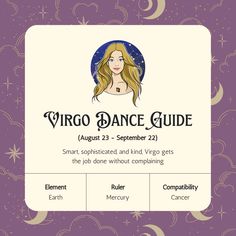 the virgo dance guide is displayed on a purple background with stars and crescents