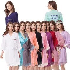 Gorgeous bride bridesmaid gowns: our elegantly designed bridal party gowns feature an alluring v neck style and delicate floral lace around the sleeves or lower hem you and your friends will cherish wearing matching gowns for the bride getting ready shoot Personalize to make it more special: our short length satin robes can be personalized with the bridesmaids name nickname or monogram of your choice on the front and back simply let us know the name text along with the color of the embroidery an Shower Robes, Bridal Shower Robes, Bridal Robes Personalized, Wedding Dressing, Satin Bridal Robe, Bridesmaid Robe Personalized, Satin Bridesmaids Robes, Bridal Party Gowns, Bridal Party Robes