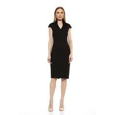 Women's ALEXIA ADMOR Katrina Splitneck Midi Sheath Dress Chic V-neck Slim Fit Bodycon Dress, Fitted Flattering V-neck Spring Dress, Flattering Fitted V-neck Spring Dress, Elegant Fitted V-neck Dress With Flattering Silhouette, Classic V-neck Midi Dress For Summer, Solid V-neck Midi Dress For Office, Chic Short Sleeve Bodycon Dress, Fitted V-neck Bodycon Dress For Office, Fitted V-neck Bodycon Dress For Work