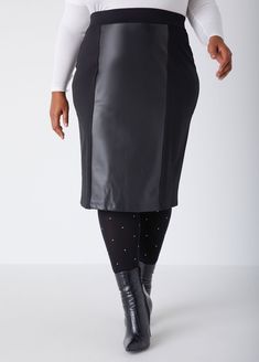 Made for work, made for play, make your work look work for fun with friends in our ponte pencil skirt designed with a faux leather panel and comfortable elasticized waistband. Black Dress Work, Look Work, Knit Skirts, Skirts Plus Size, Plus Size Trendy, Fun With Friends, Leather Panel, Leather Pencil Skirt, Pencil Skirts