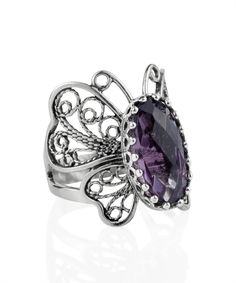 Sterling Silver Filigree Art Amethyst Gemstone Butterfly Cocktail Ring Butterfly Cocktail, Metal Embroidery, Silver Butterfly Ring, Worry Beads, Ruby Birthstone, Silver Cocktail, Filigree Jewelry, Silver Polish, Sterling Silver Filigree