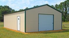 two garages in the middle of a field with one door open and another closed