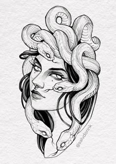 a drawing of a woman with snakes on her head