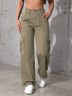 Casual Versatile Solid Color Straight Leg Cargo Jeans, Denim Pants Army Green Casual   Denim Plain Straight Leg Non-Stretch  Women Clothing, size features are:Bust: ,Length: ,Sleeve Length: Green Cargos, Bib And Brace Overalls, Alice Clothes, Womens Cargo Pants, High Waist Cargo Pants, Womens Cargo, Petite Casual, Jeans Cargo, Cargo Pants Women