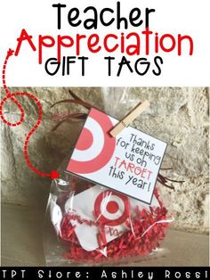 teacher appreciation gift tags in a clear bag with red streamers on the bottom and white tag that reads teachers appreciation gift tags