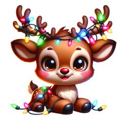 a cute little deer with christmas lights on its antlers is sitting in front of a white background