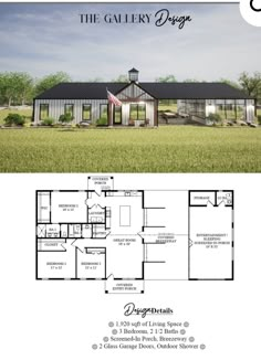 the gallery design floor plan for a ranch style home with an open living area and covered porch