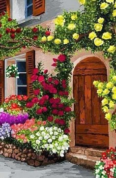 a painting of flowers in front of a house