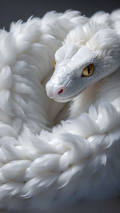 a white snake with yellow eyes is curled up in a large, fluffy ball like blanket