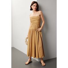 Brown (55% Linen, 45% Rayon). Casual dress. Sleeveless. Square neck. Side zipper closure. 38" from shoulder to hemline. Imported. Chic Pleated Midi Dress With Straight Neckline, Chic Pleated Midi Sundress, Chic Pleated Midi Length Sundress, Pleated Sleeveless Sundress At Midi Length, Beige Sleeveless Midi Dress With Ruched Bodice, Sleeveless Ruched Beige Maxi Dress, Beige Ruched Sleeveless Maxi Dress, Sleeveless Beige Midi Dress With Ruched Detail, Beige Sleeveless Ruched Midi Dress