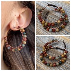 Large Boho Earrings - Red Creek Jasper & Copper Hoop Earrings: These earrings are light weight, comfortable, simple and fun. Throw them on with any outfit and they will definitely add some pop, especially if you are looking for that earth tone rustic look! They are approximately 1.5 inches in diameter. All of these items are handmade so please allow for possible slight variance in sizing & color. If you would like these in a different color or size, please let me know as I also do custom Boho Bracelets Stack, Red Creek Jasper, Original Jewelry Design, Chevron Necklace, Jasper Jewelry, Earrings Big, Big Hoop Earrings, Jasper Earrings, Jewelry Wire