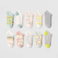 Sweeten up your sock collection with the 10-Pack Breakfast Low-Cut Socks from Xhilaration?. With four pairs featuring breakfast prints like avocados, coffee mugs, eggs and pancakes, you'll have a quirky-cute way of finishing off any casual look. The 10-pack also includes six striped and solid designs for more classic options, but the range of colors still makes them a fun addition to your sock drawer. These socks are cut from lightweight fabric for breathable, comfortable wear, with a low-cut si Cute Bed Sheets, Mail Designs, Sock Collection, Newborn Socks, Duck Gifts, Low Cut Socks, Nail Designs Valentines, Comfy Socks, Sock Drawer