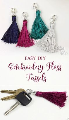 three tasseled keychais with the words easy diy embroidery floss