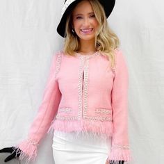 Pink And White Jacket With White Skirt Luxury Spring Party Outerwear, Feminine Winter Party Outerwear, Luxury Long Sleeve Spring Outerwear, Luxury Long Sleeve Outerwear For Spring, White Feminine Party Outerwear, White Feminine Outerwear For Party, Feminine White Party Outerwear, Feminine White Outerwear For Parties, White Skirt